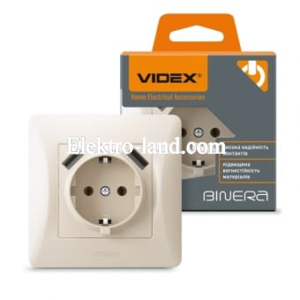 Розетка одинарная с заземлением и 2USB крем Videx Binera 